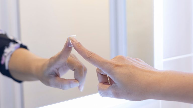 Interactive mirror in a dressing room showing product details and recommendations
