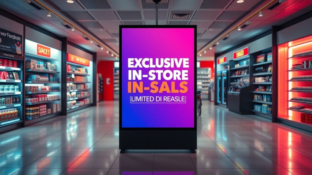 Bright digital signage displaying in-store sale promotions inside a modern retail store aisle
