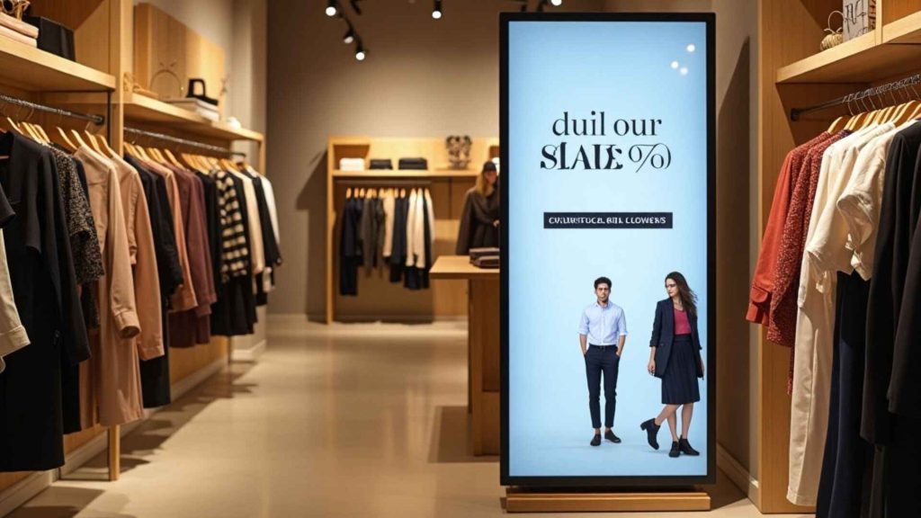 Clothing store with digital signage screen displaying a promotional offer and fashion models, surrounded by neatly arranged apparel racks