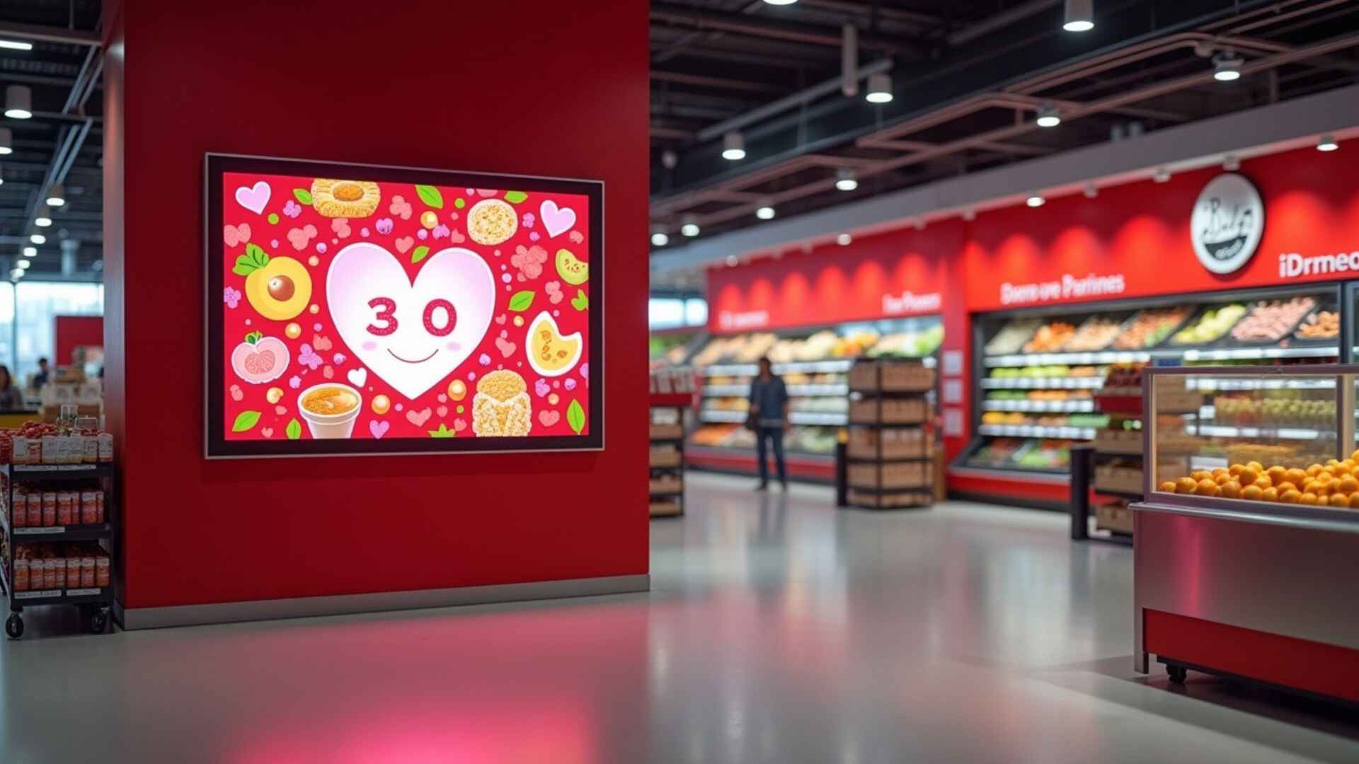 Digital signage displaying a colorful promotional graphic in a modern grocery or appliance showroom with vibrant red accents