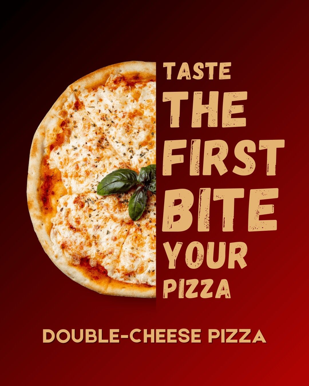 Double-cheese pizza with basil garnish and bold promotional text on a red background