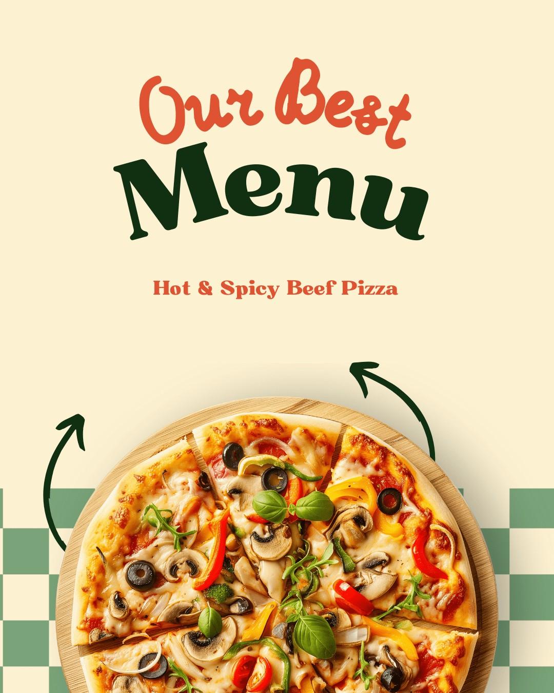 Hot and spicy beef pizza on a wooden plate with toppings including olives, mushrooms, and peppers