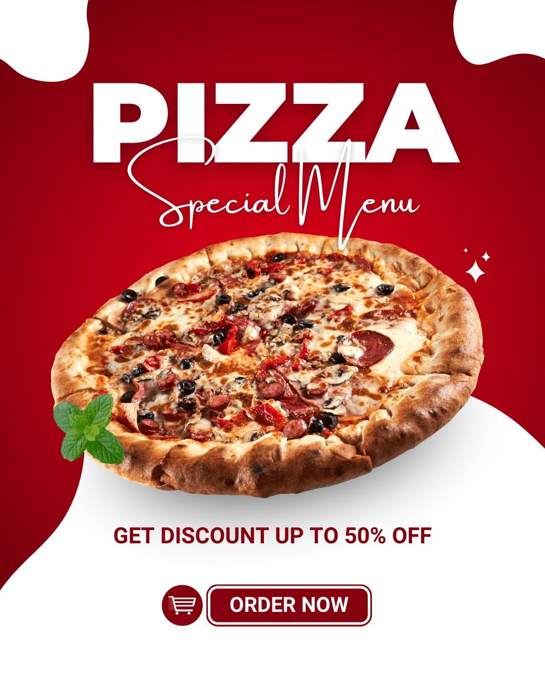 Special menu pizza with pepperoni and olives on a red and white promotional background