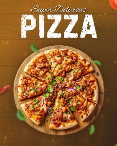 Top-down view of a sliced BBQ chicken pizza with red onions and fresh herbs on a wooden board