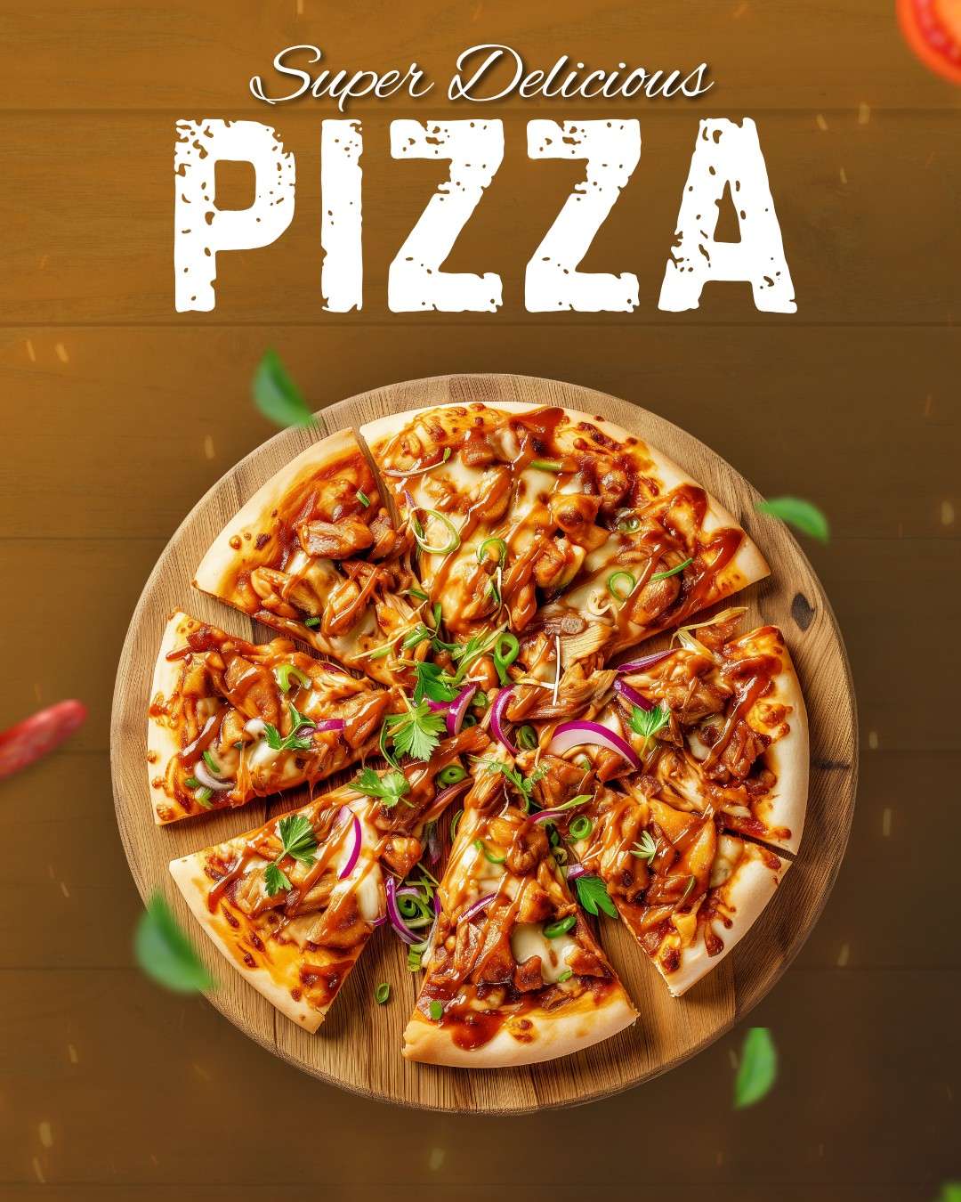 Top-down view of a sliced BBQ chicken pizza with red onions and fresh herbs on a wooden board