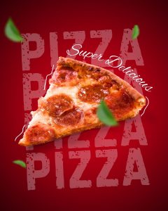 Close-up of a single slice of pepperoni pizza with melted cheese on a red background