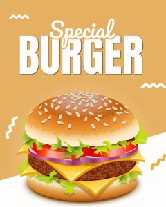 Illustrated special burger with sesame bun, cheese, lettuce, tomato, onion, and beef patty
