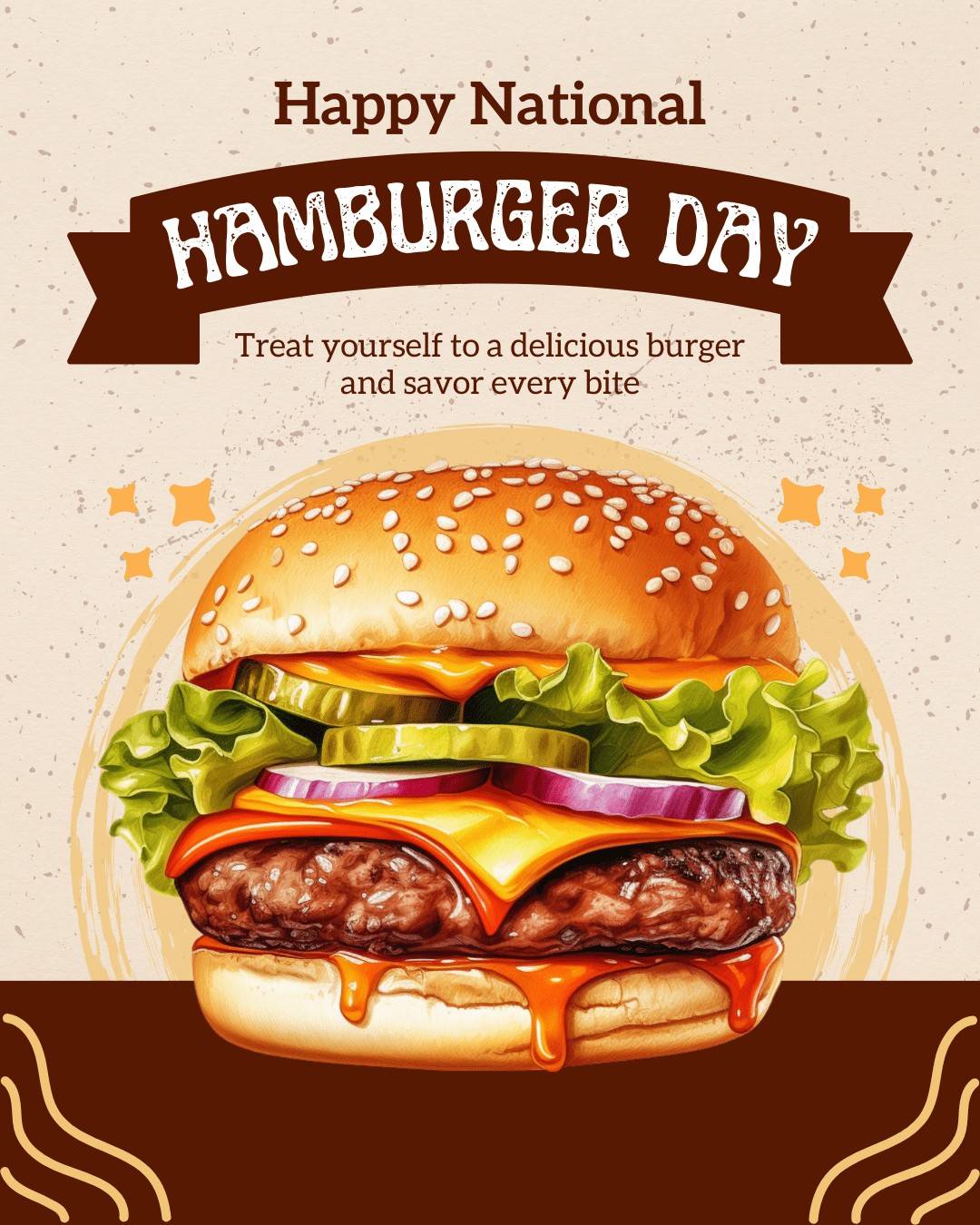 Illustrated juicy hamburger with cheese, lettuce, pickles, and dripping sauce