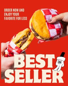 Hands holding juicy cheeseburgers wrapped in red-checkered paper on a red background with "BEST SELLER" text.