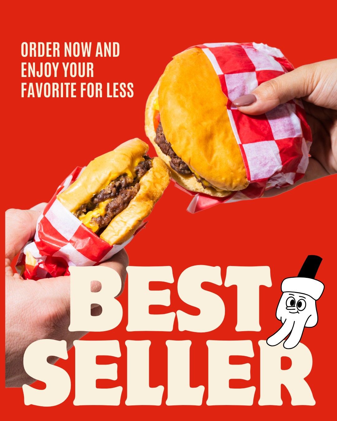 Hands holding juicy cheeseburgers wrapped in red-checkered paper on a red background with "BEST SELLER" text.