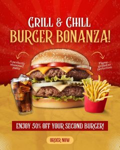 Cheeseburger with fries and soda on a red background with bold promo text and special offer.