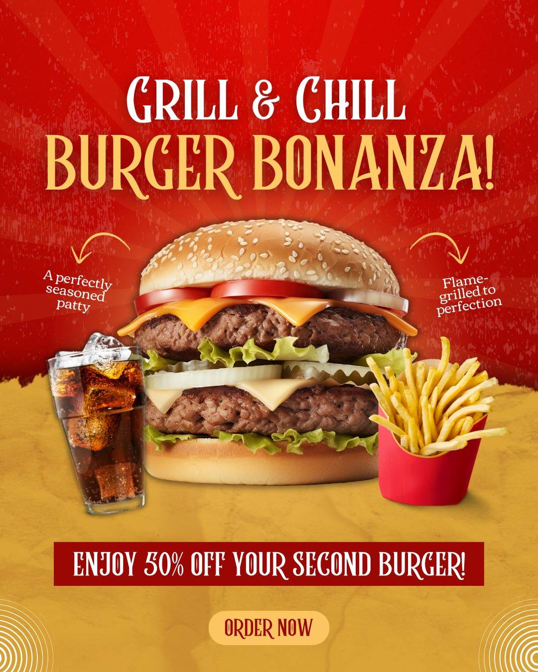 Cheeseburger with fries and soda on a red background with bold promo text and special offer.