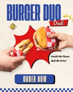 Two hands holding burgers wrapped in red-checkered paper on a retro comic-style background.