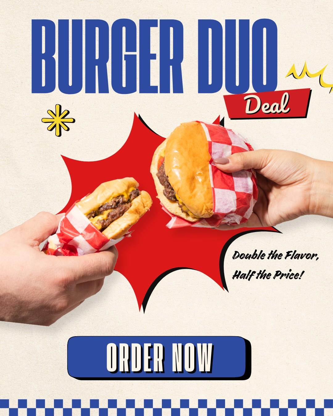 Two hands holding burgers wrapped in red-checkered paper on a retro comic-style background.