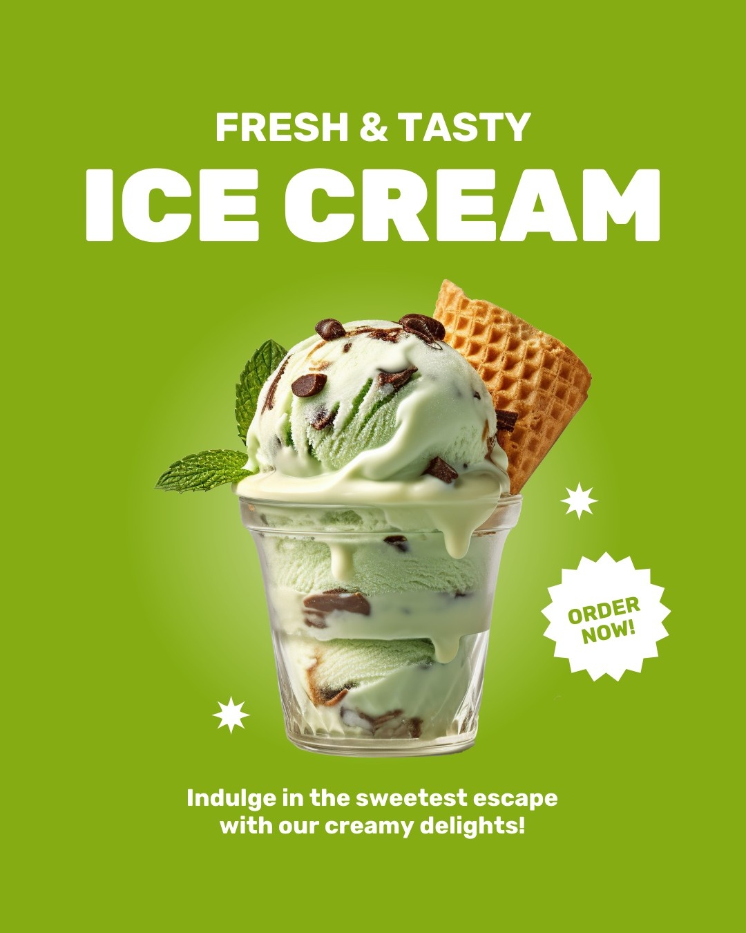 Scoops of vanilla, chocolate, and strawberry ice cream on a blue background with the text “Delicious Ice Cream”.