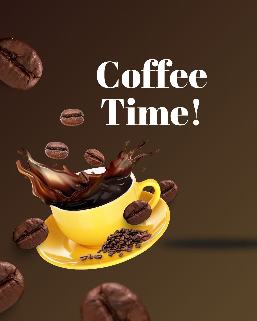 Splashing coffee in a yellow cup with flying beans and "Coffee Time" text.