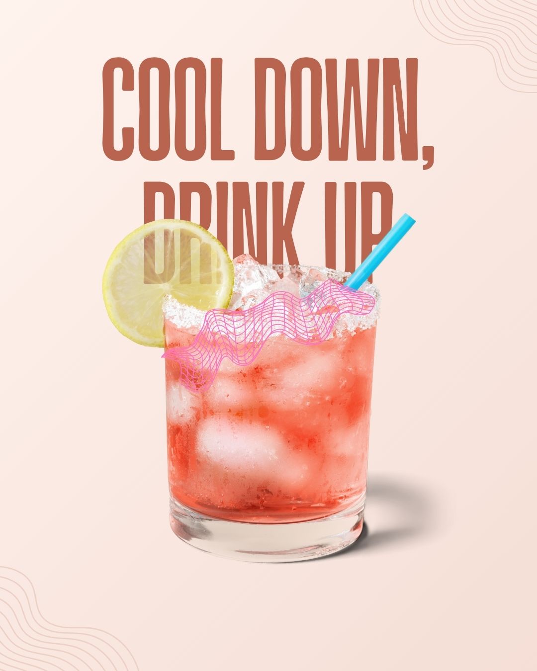 A refreshing iced red drink with lemon slice and straw on a pastel background with abstract wave.