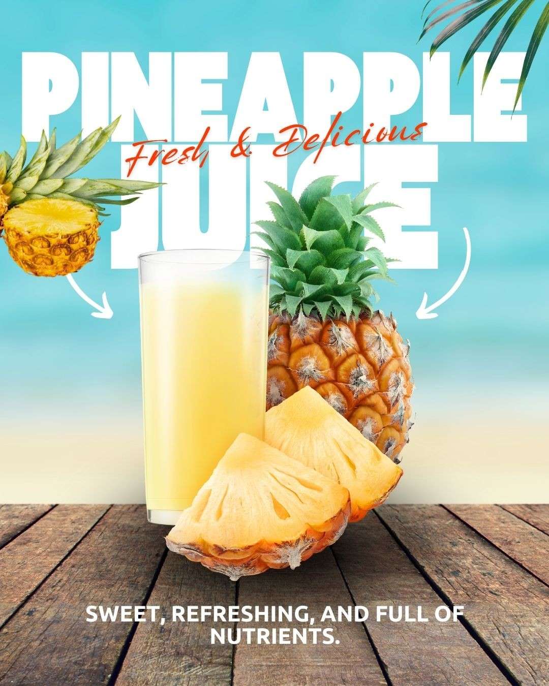 A glass of pineapple juice surrounded by a fresh pineapple and pineapple slices with tropical background.
