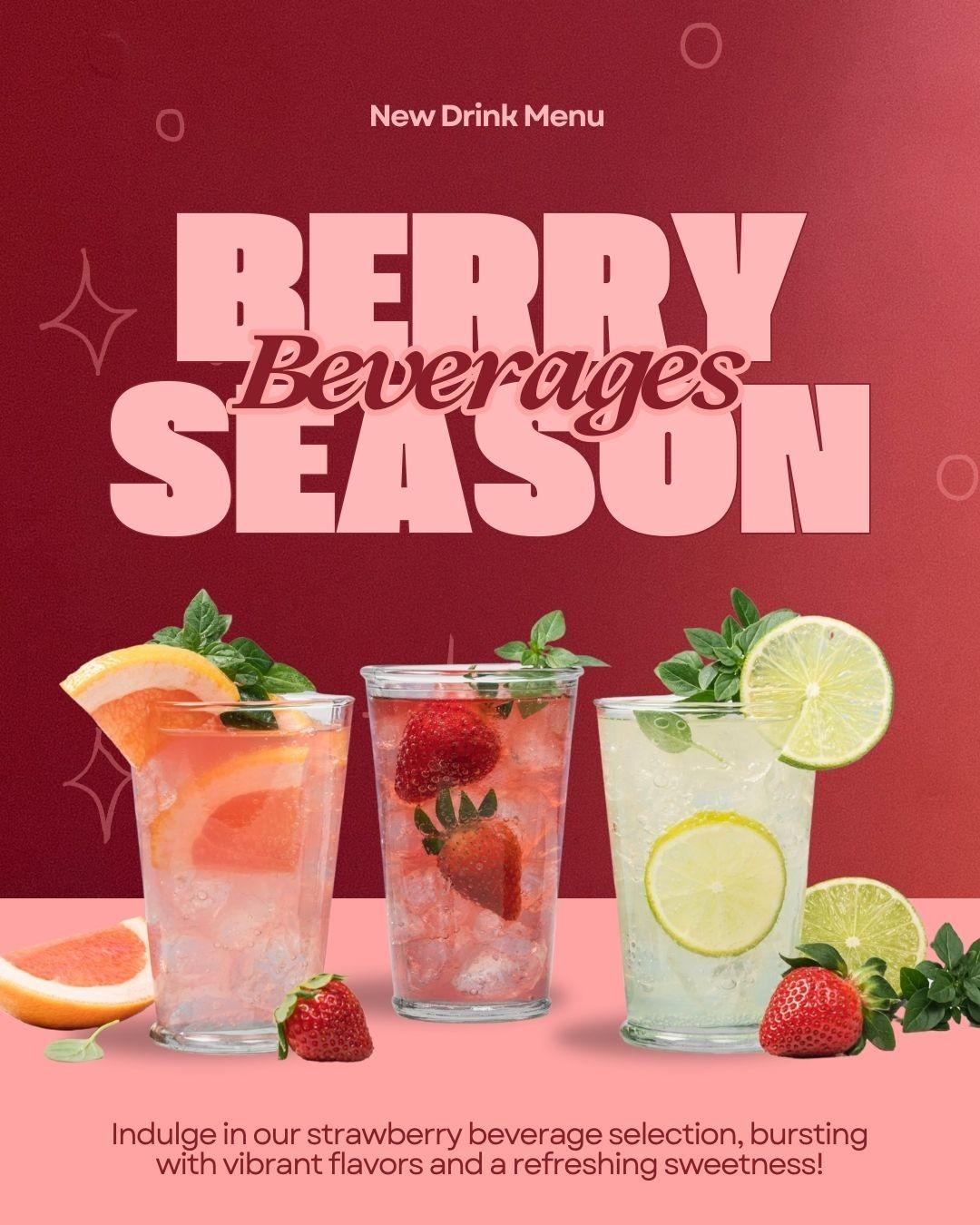 Three berry-infused drinks with strawberries, lime, grapefruit, and mint on a pink and red background.