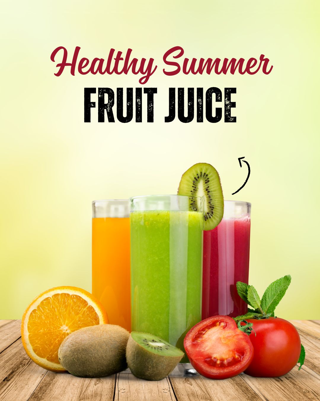 Three fruit juices in orange, green, and red with fresh fruits like kiwi, orange, and tomato on a wooden table.