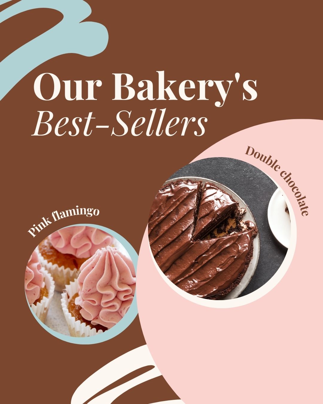Pink flamingo cupcakes and double chocolate cake labeled as the bakery’s best-selling desserts.
