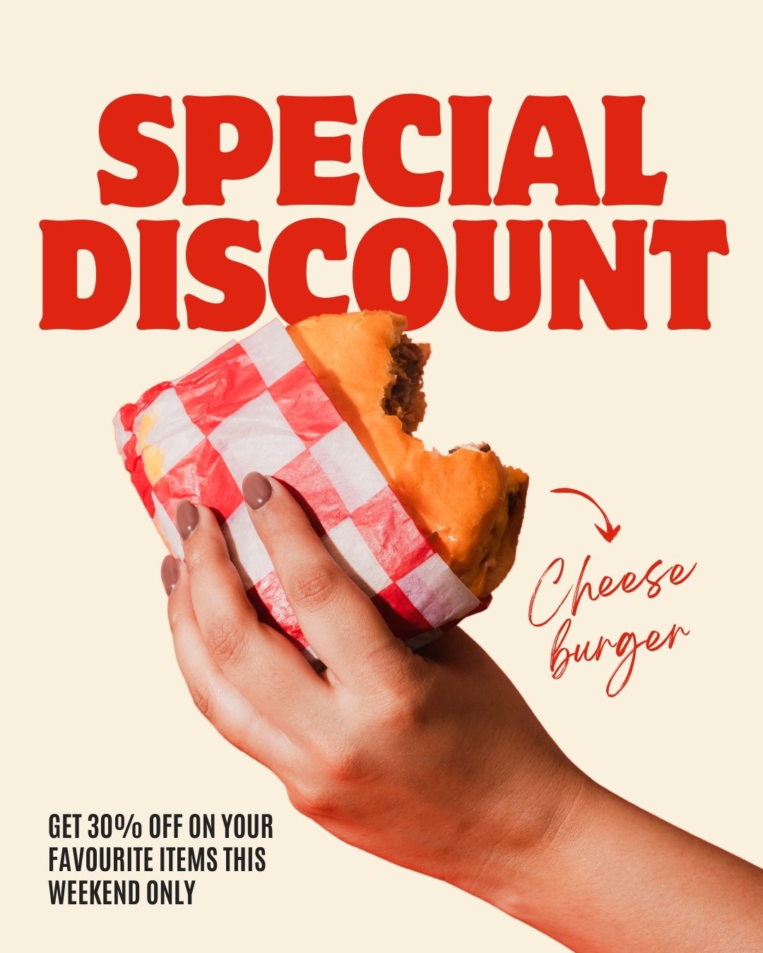 Hand holding a cheeseburger wrapped in red and white paper with a special discount offer.