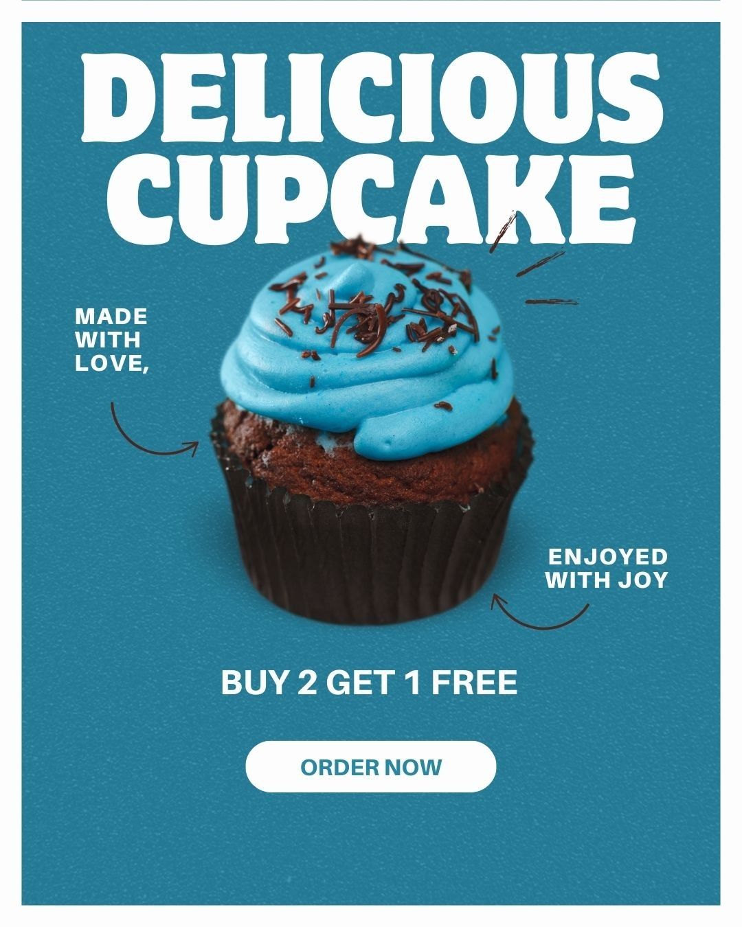 Chocolate cupcake with bright blue frosting and chocolate sprinkles on a blue background with promo text