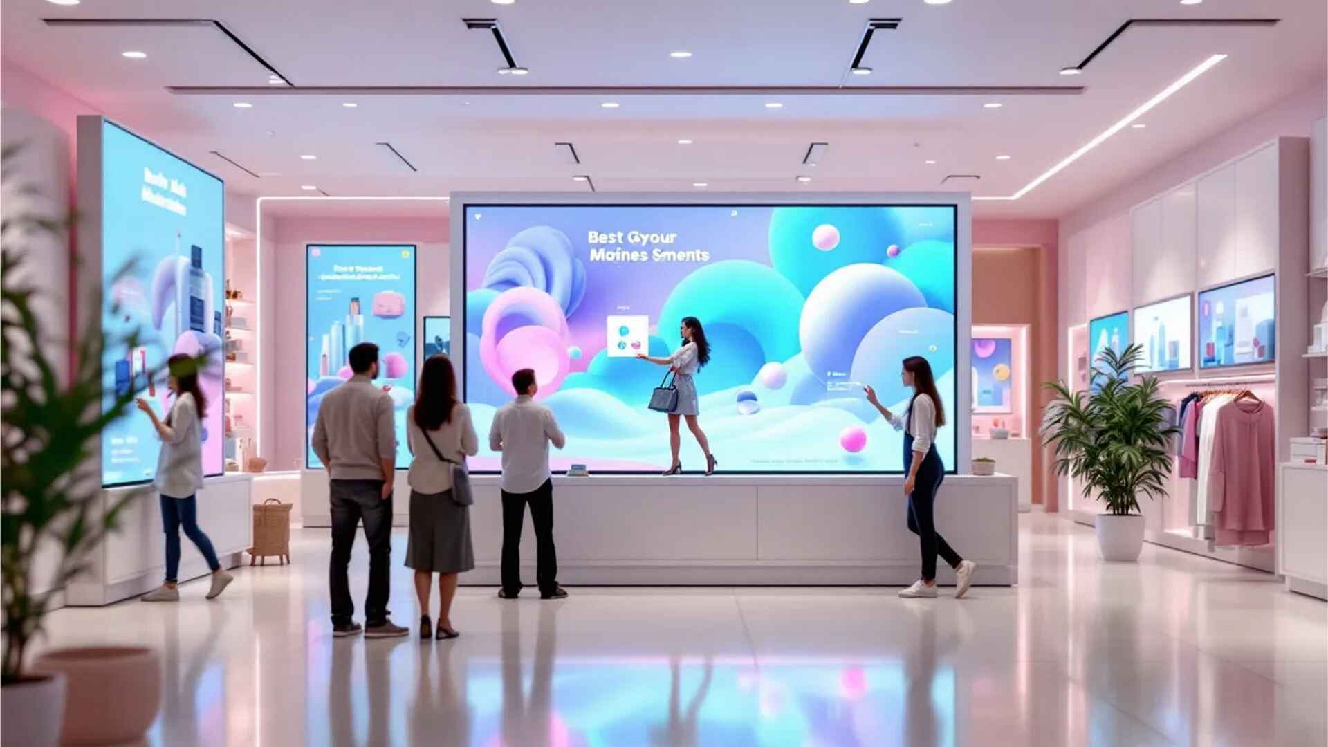 Customers interacting with AI-powered digital displays in a modern retail store environment