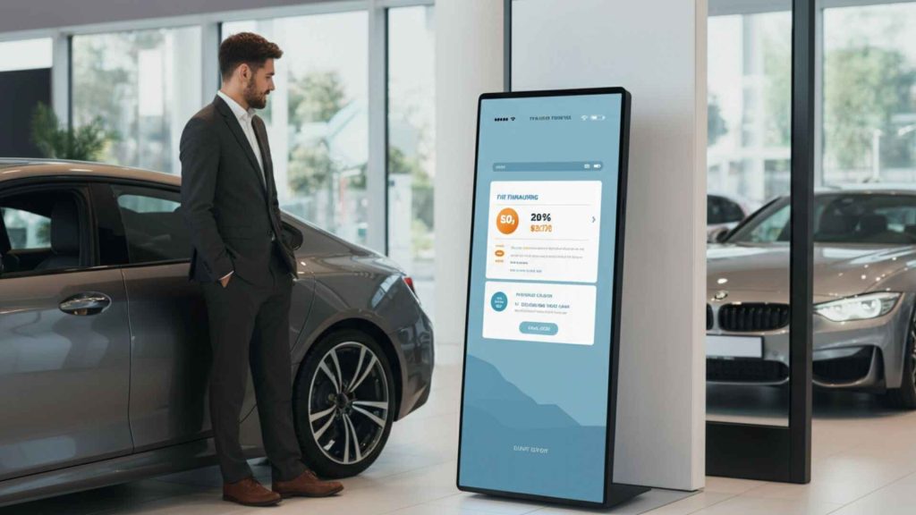 Man viewing data on a smart digital display beside a car in a modern showroom