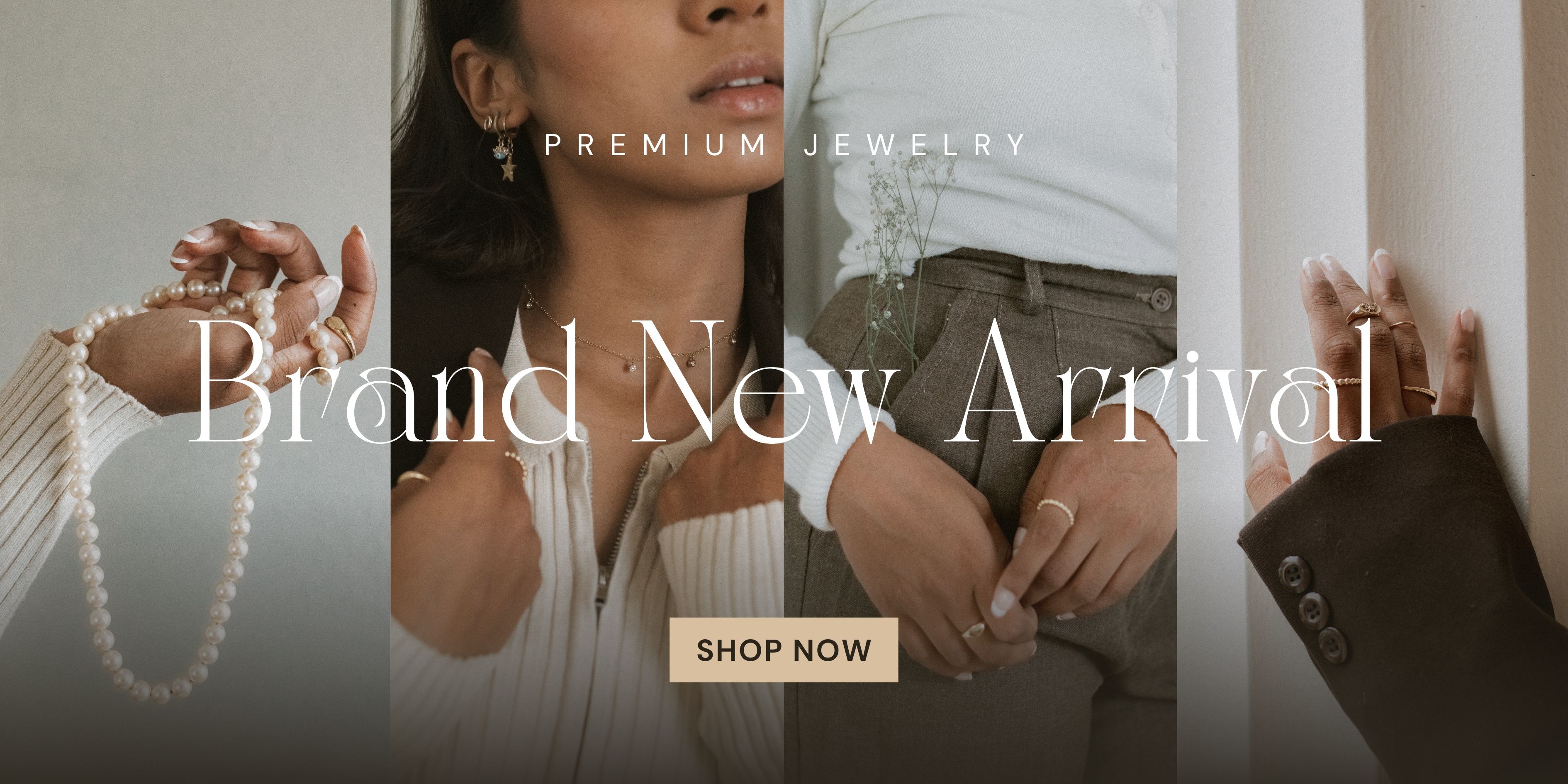 Woman showcasing elegant pearl necklaces, gold rings, and earrings from a premium jewelry collection.