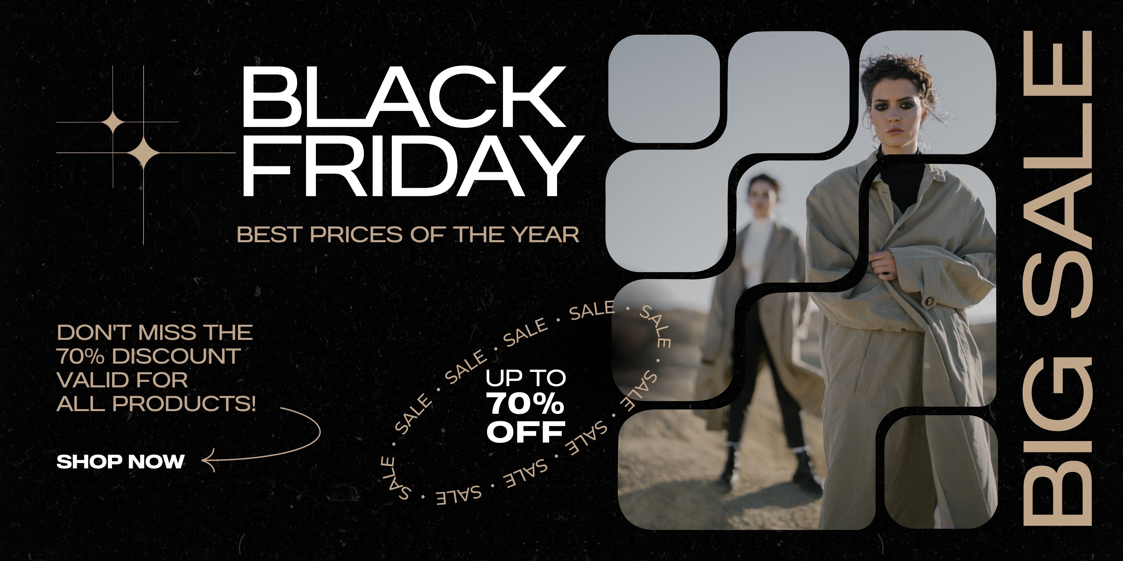 Fashion models in trendy coats with bold text promoting a Black Friday sale of up to 70% off.