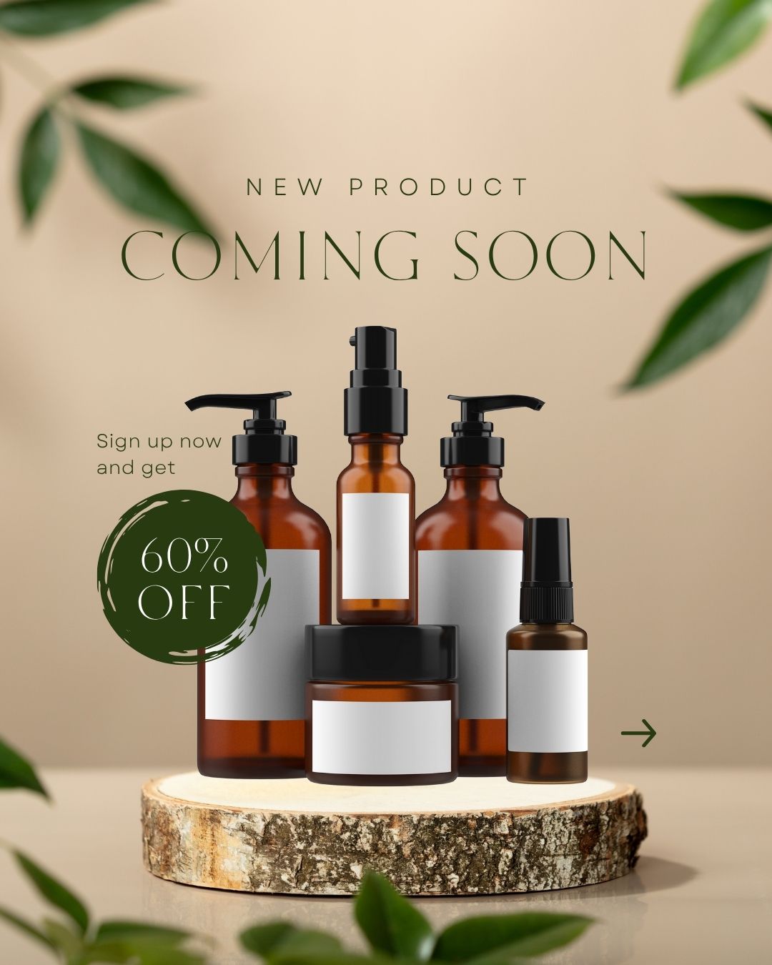 Amber glass skincare bottles with "Coming Soon" text and 60% off promotional offer on a natural wood stand with green leaves.