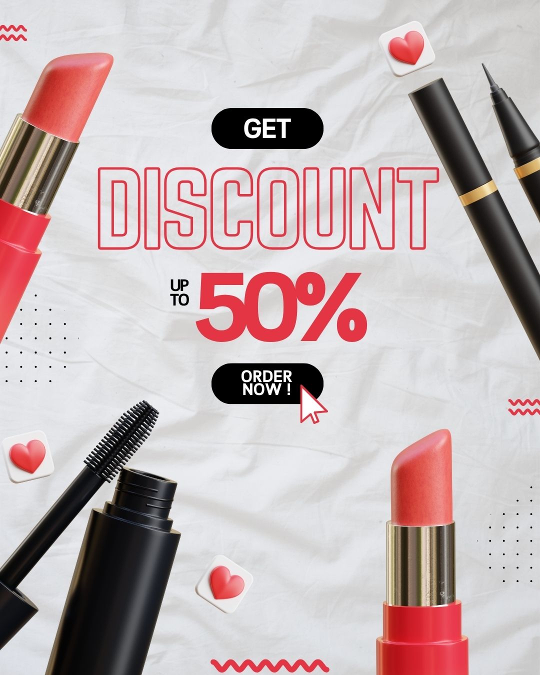Flat lay of red lipstick, mascara, eyeliner, and heart icons with text offering up to 50% discount on makeup.