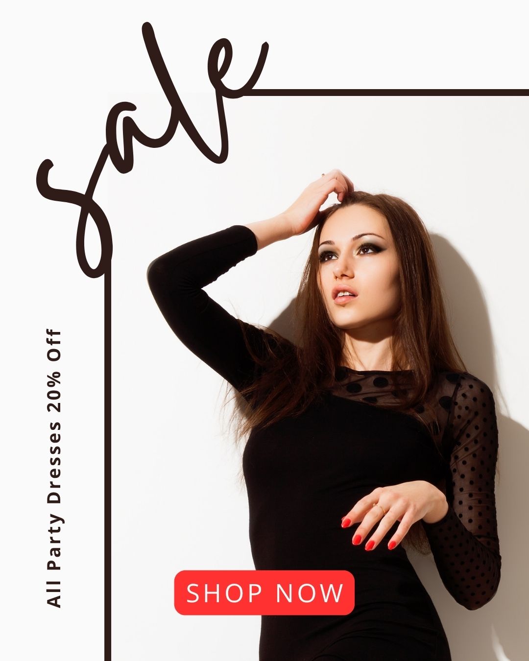 Stylish woman in a black party dress with text announcing 20% off on all party dresses and a call to "Shop Now."