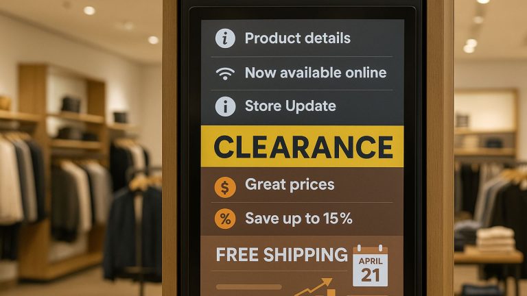 Digital signage screen in retail store overloaded with too many promotional messages