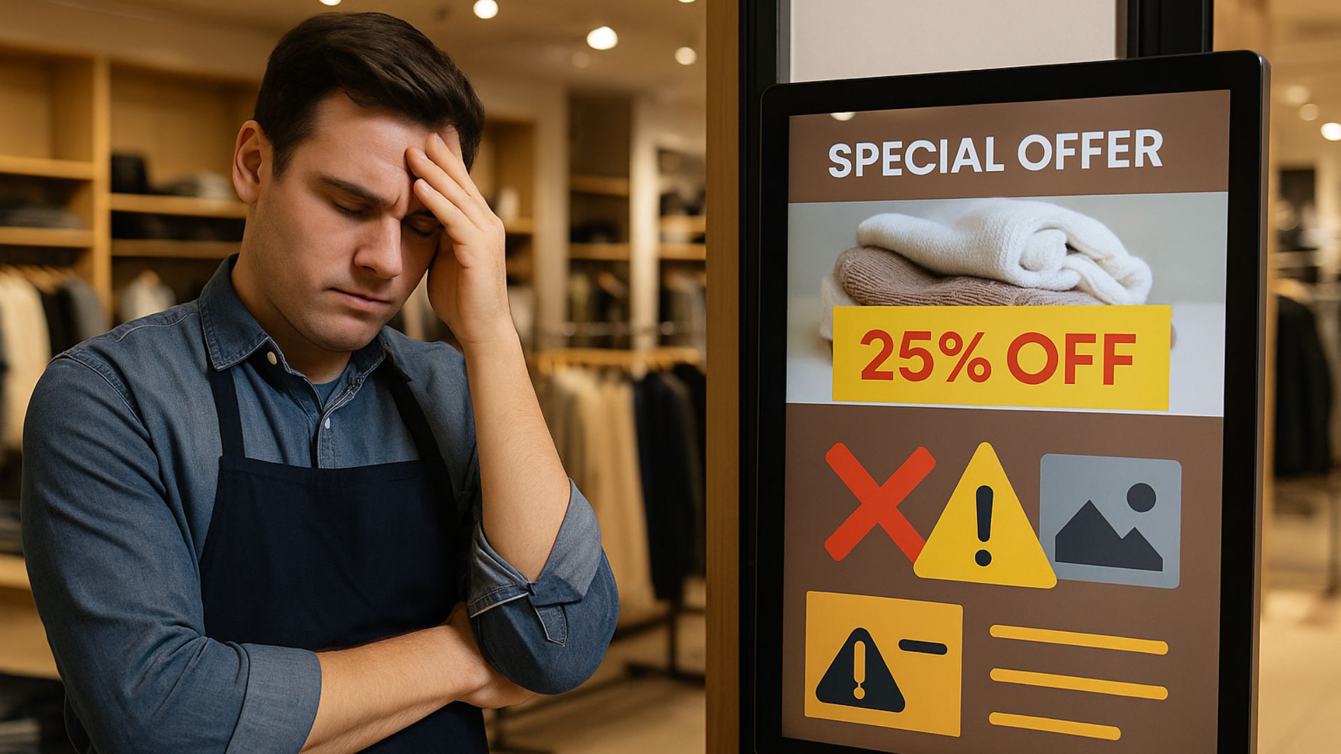 Digital signage in a retail store showing errors and ineffective promotional display