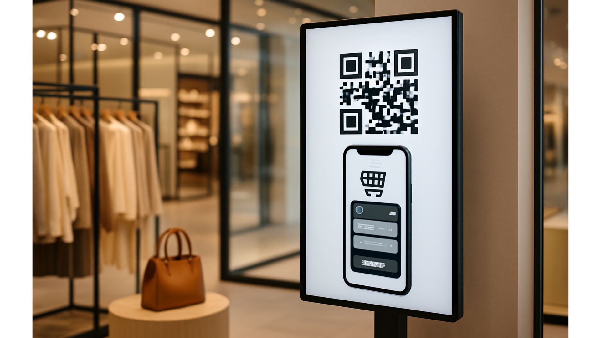 High-resolution digital signage display in an elegant retail store, showing a QR code and smartphone interface, surrounded by minimalist fashion displays and warm ambient lighting.