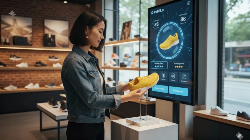 A shopper in a modern store lifts a product, triggering interactive digital signage that displays detailed information — illustrating “Lift and Learn” technology in action.