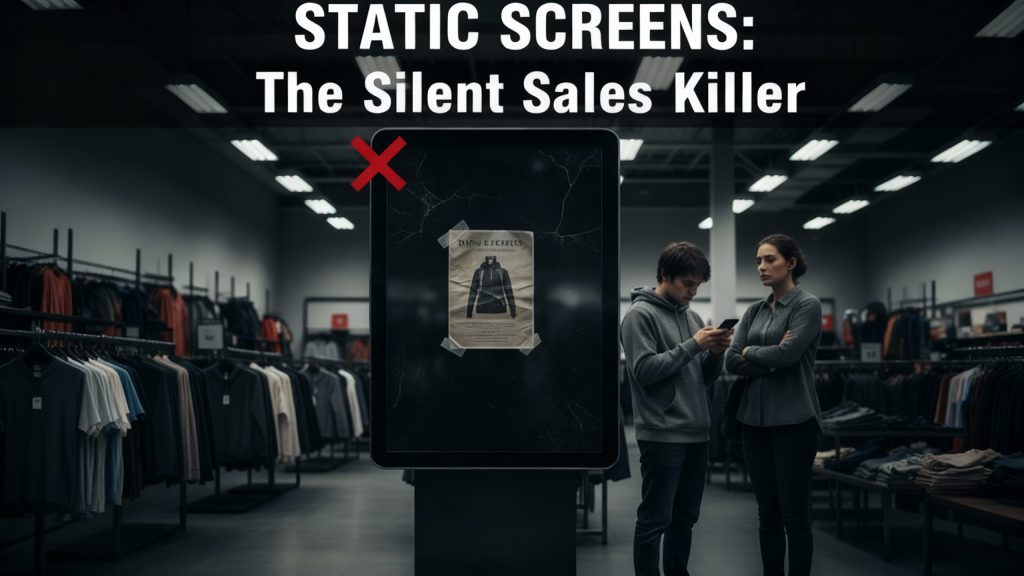 A static digital screen in a dimly lit clothing store showing outdated content, symbolizing how static signage reduces customer engagement and sales.