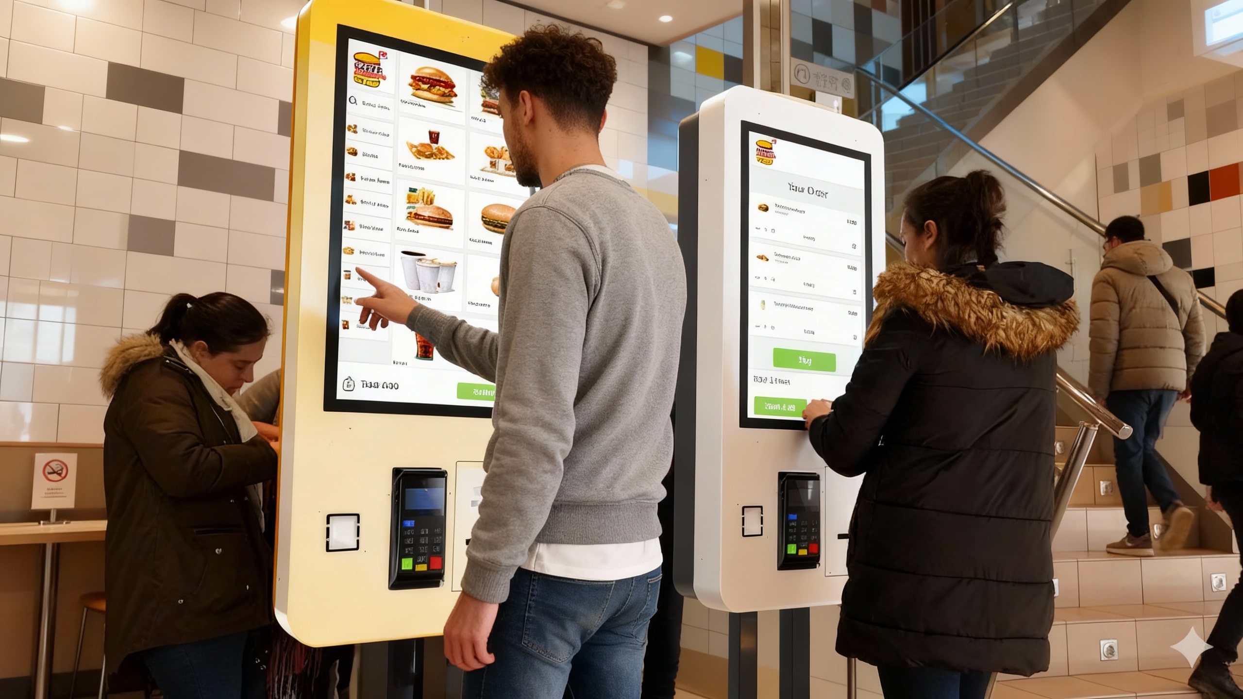 A customer uses a digital self-service ordering kiosk in a modern retail or restaurant setting, showcasing seamless, AI-powered ordering technology.