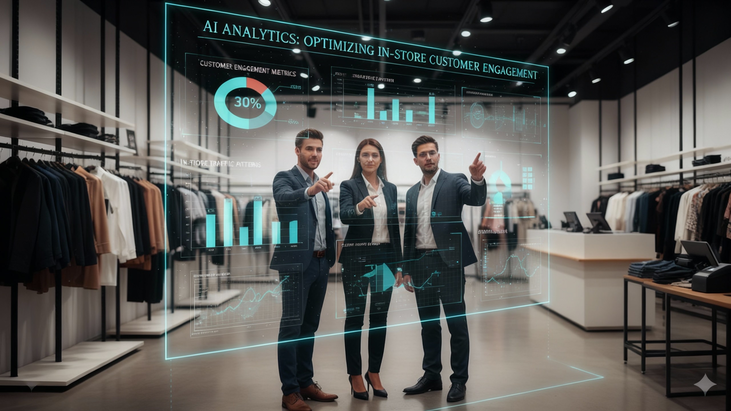 A retail manager reviews AI-powered analytics on a digital dashboard showing store performance metrics, sales insights, and customer behavior analytics for a physical store.