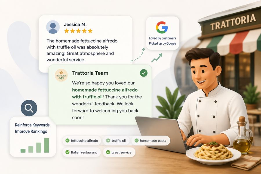 How do I respond to reviews to reinforce keywords?