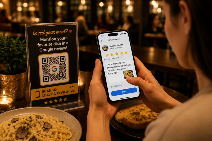 How can I use QR codes to encourage specific reviews?