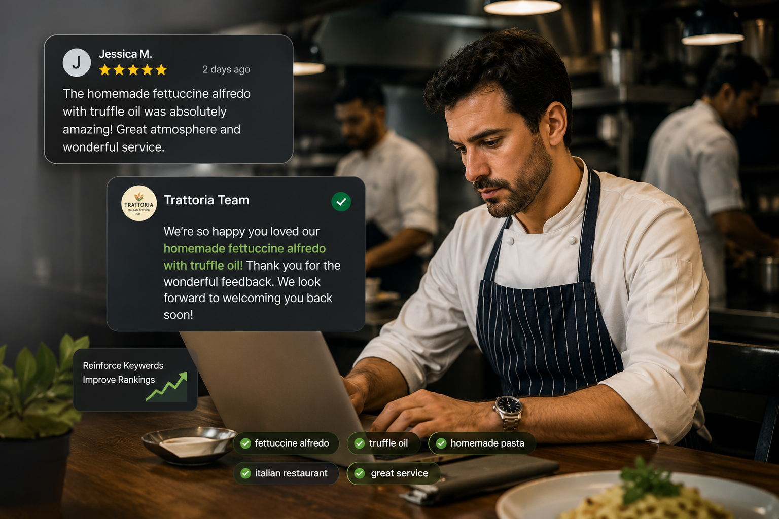How do I respond to reviews to reinforce keywords?