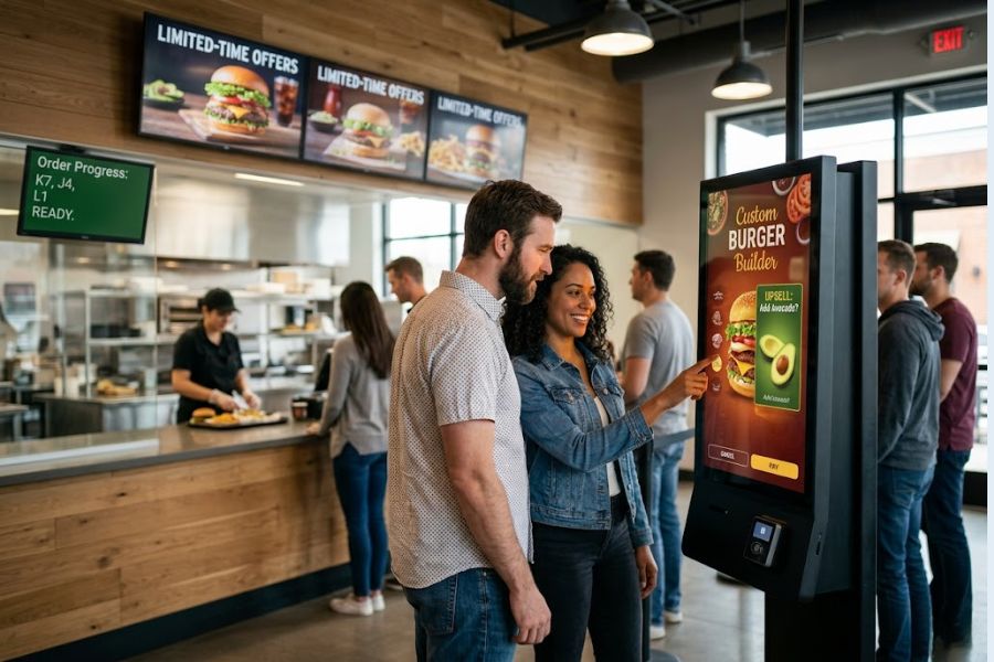 How do restaurants use interactive kiosks and signage?